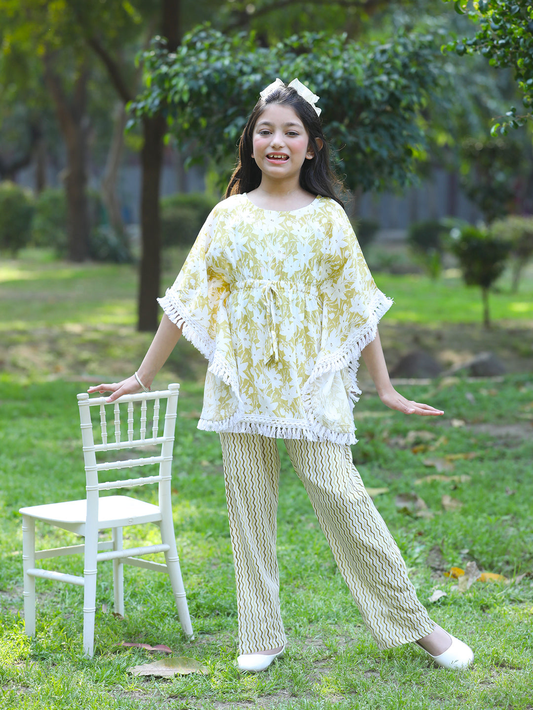 Cutiekins Girls Trendy Floral Print Kaftan Kurta and Palazzo Set -Khaki & Off White