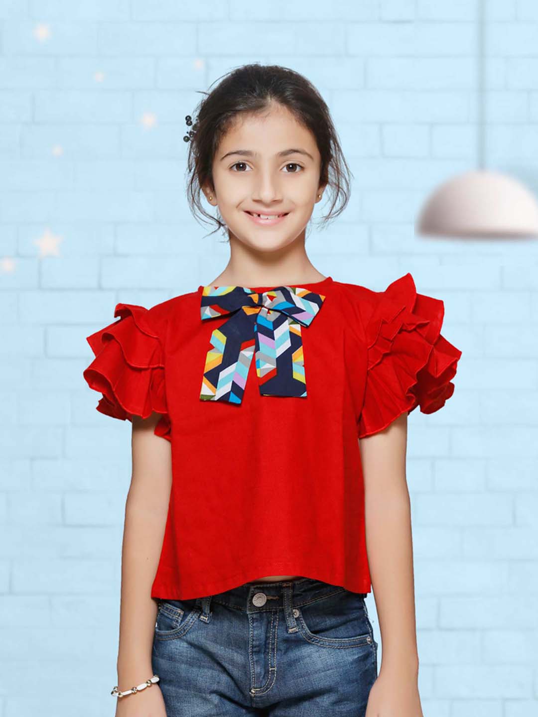 Girls Red Solid Ruffle Sleeves Round Neck Regular Top