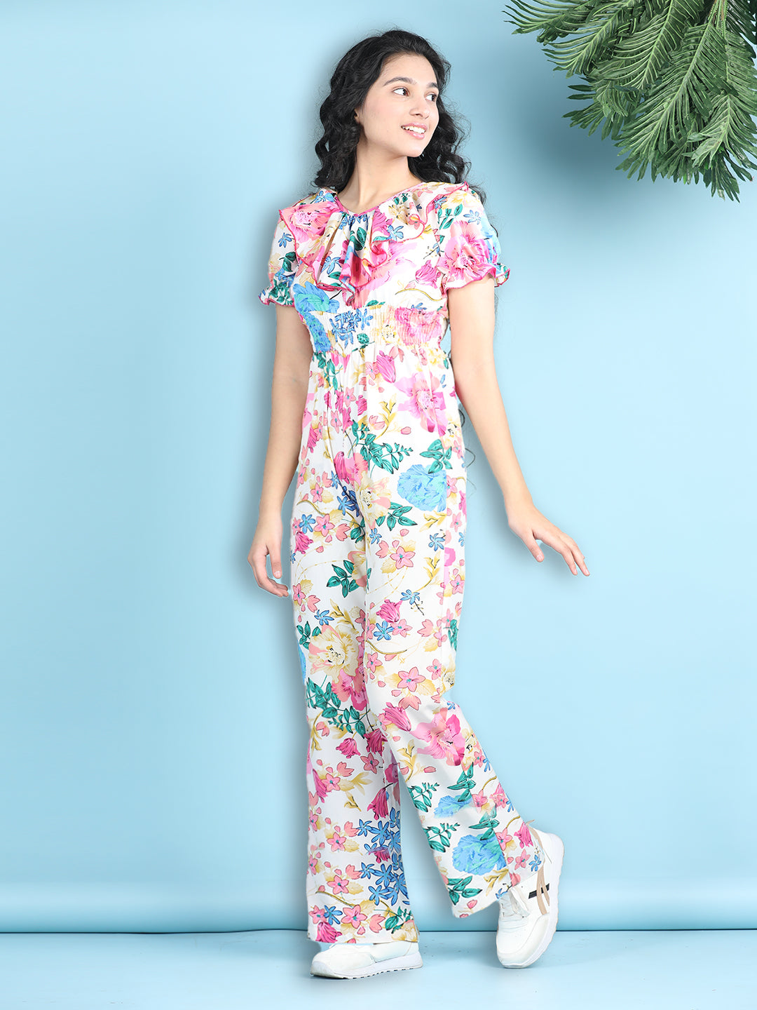 Cutiekins Girls Stylish Flora Print Embellished Jumpsuit -White & Pink