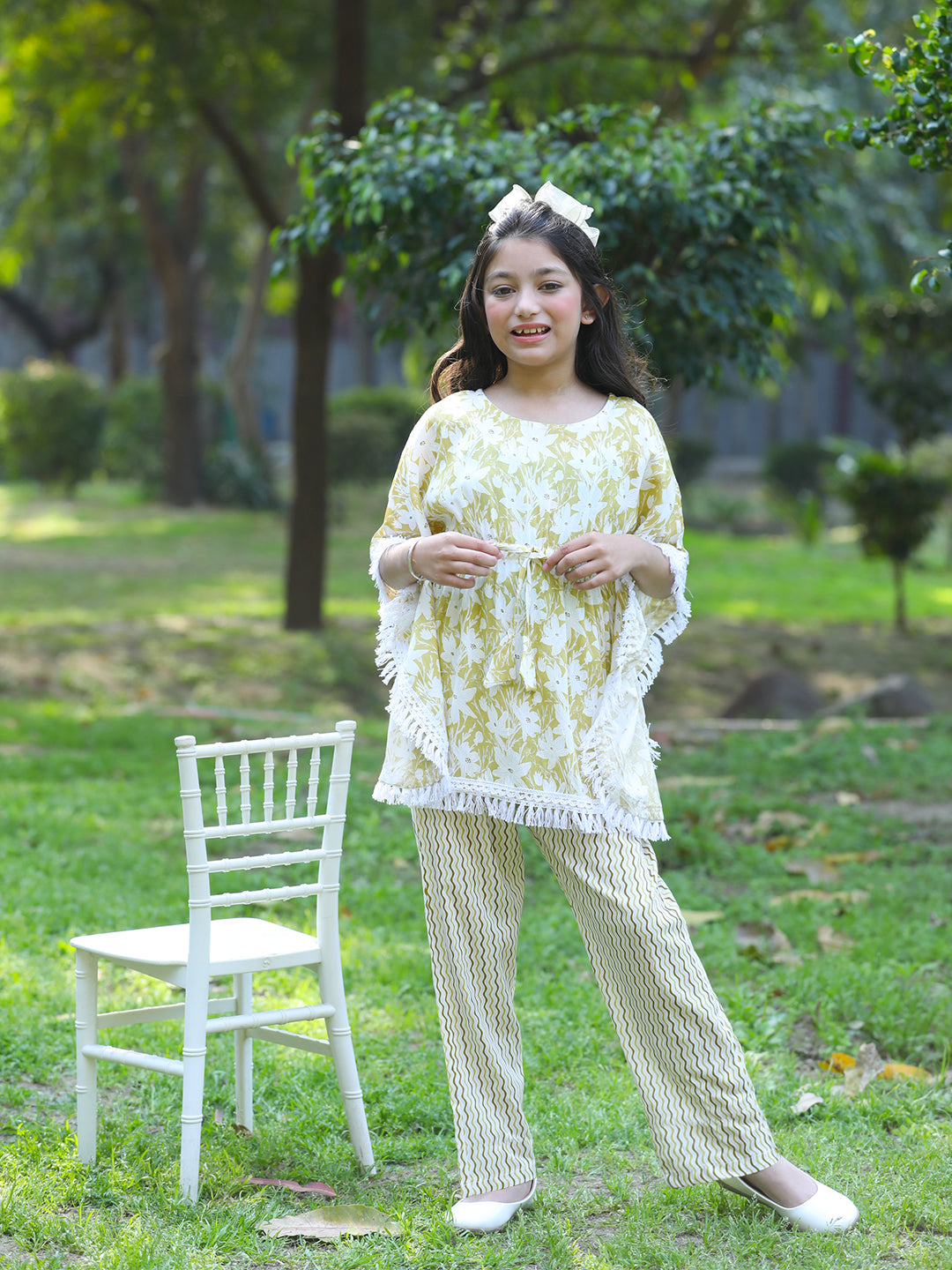 Cutiekins Girls Trendy Floral Print Kaftan Kurta and Palazzo Set -Khaki & Off White