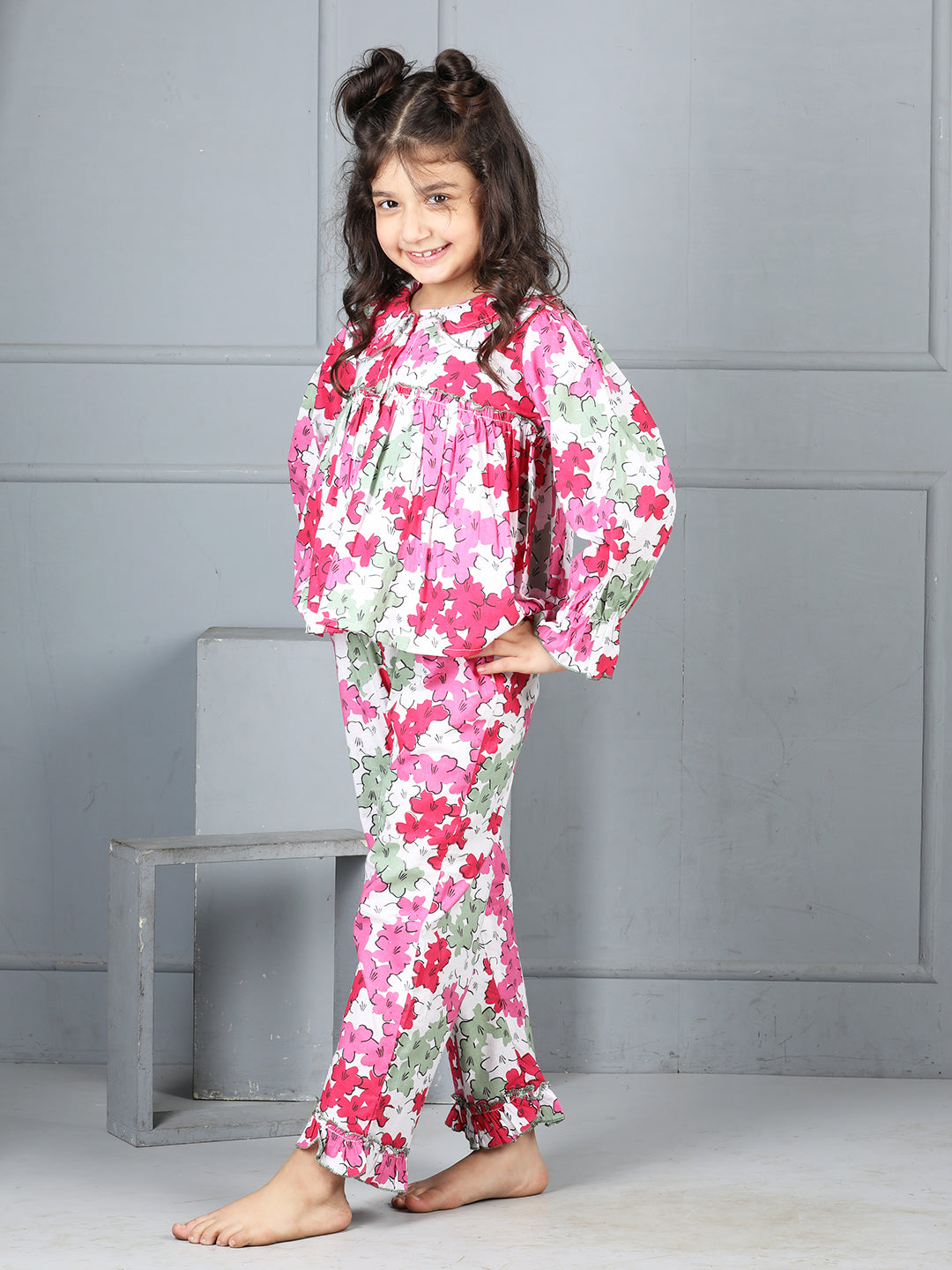 Cutiekins Girls Shirt Style Floral Printed Top With Printed Palazzo Nightsuit -Off White & Multi