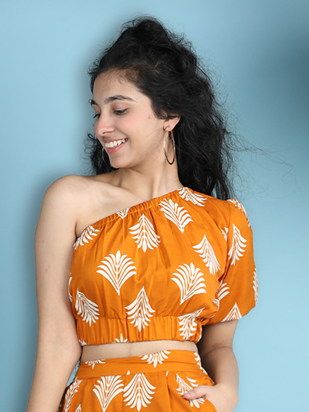 Cutiekins Girls Printed Embellished Top -Mustard & Off White