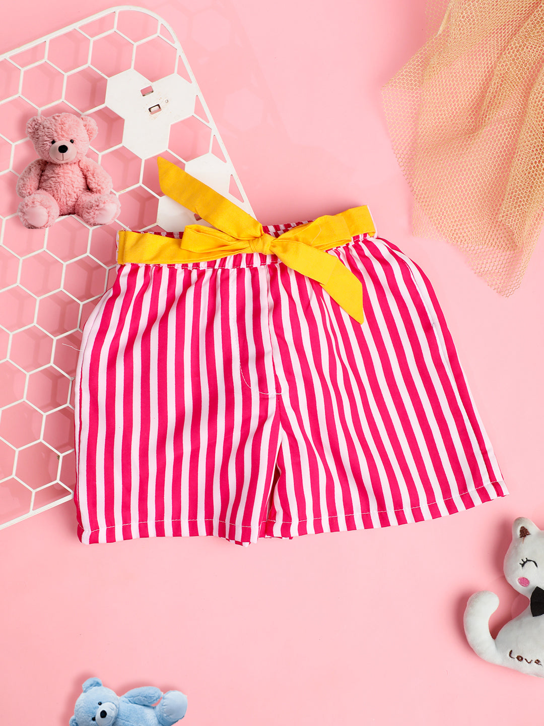 Cutiekins Girls Striped Printed Embellished Short -Pink & Off White