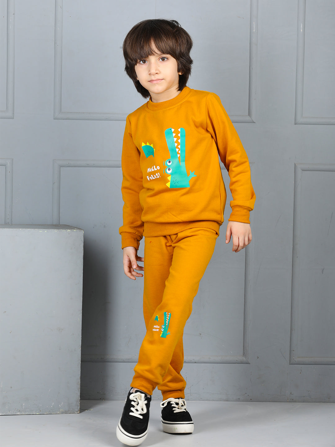 Cutiekins Boys Crocodile Graphic Print cozy Tracksuit -Mustard & Green