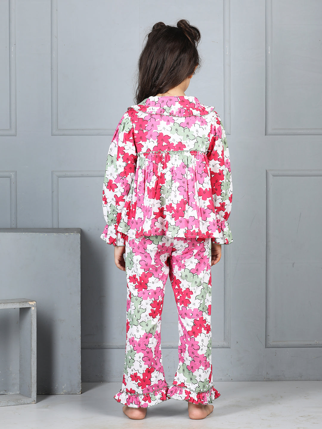 Cutiekins Girls Shirt Style Floral Printed Top With Printed Palazzo Nightsuit -Off White & Multi