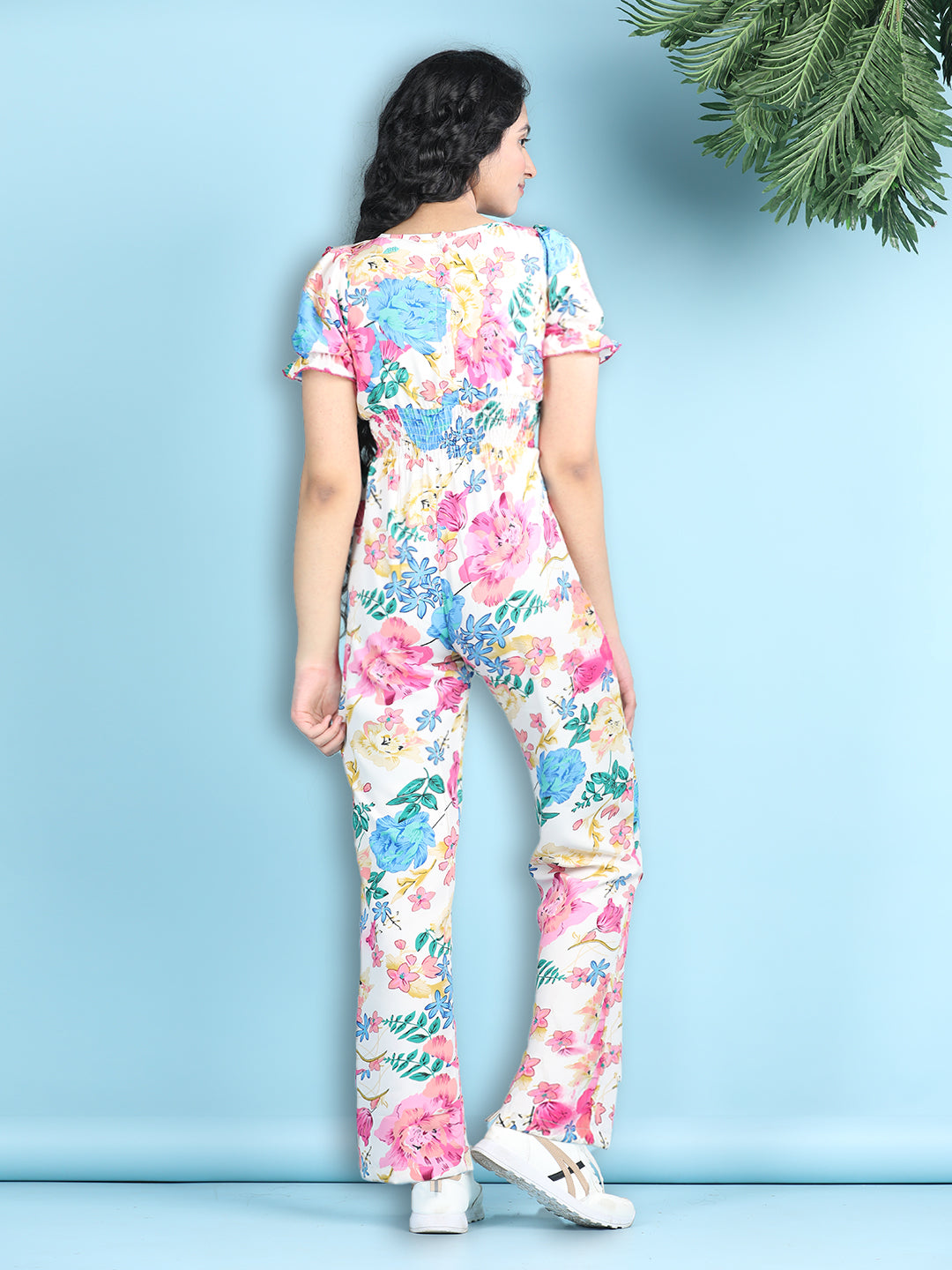 Cutiekins Girls Stylish Flora Print Embellished Jumpsuit -White & Pink