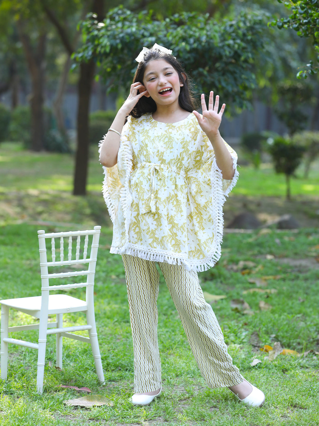 Cutiekins Girls Trendy Floral Print Kaftan Kurta and Palazzo Set -Khaki & Off White