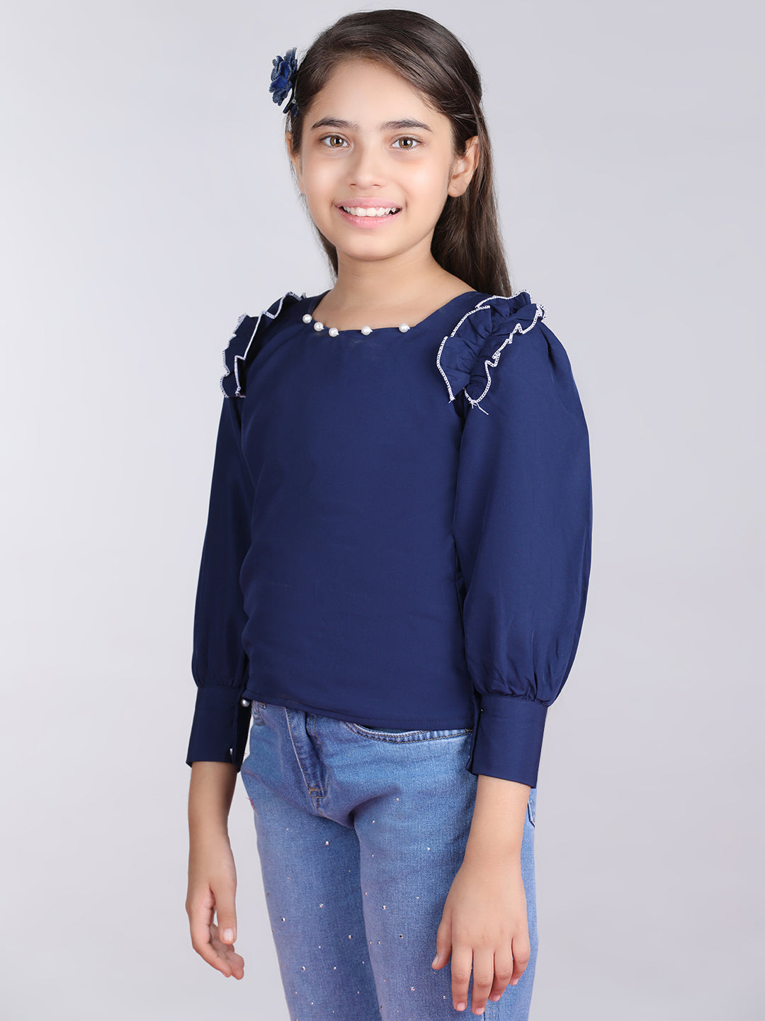 Cutiekins Solid Full Sleeves Polyester Tops-Teal Blue & White
