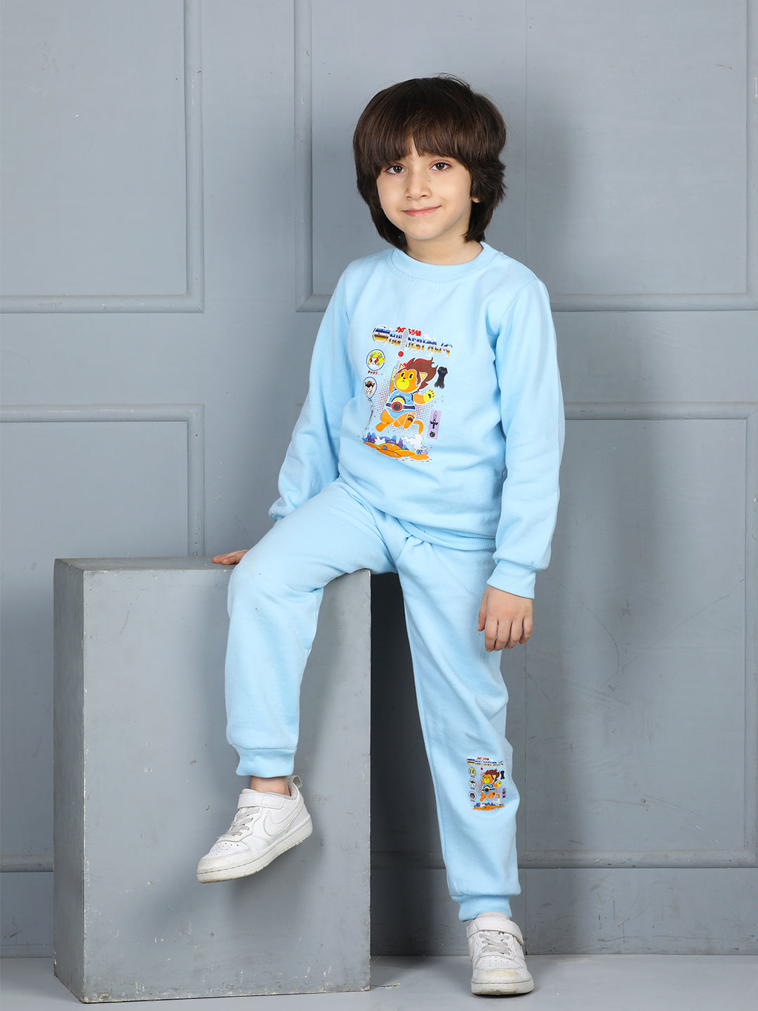 Cutiekins Boys Graphic Print cozy Tracksuit -Light Blue & Mustard