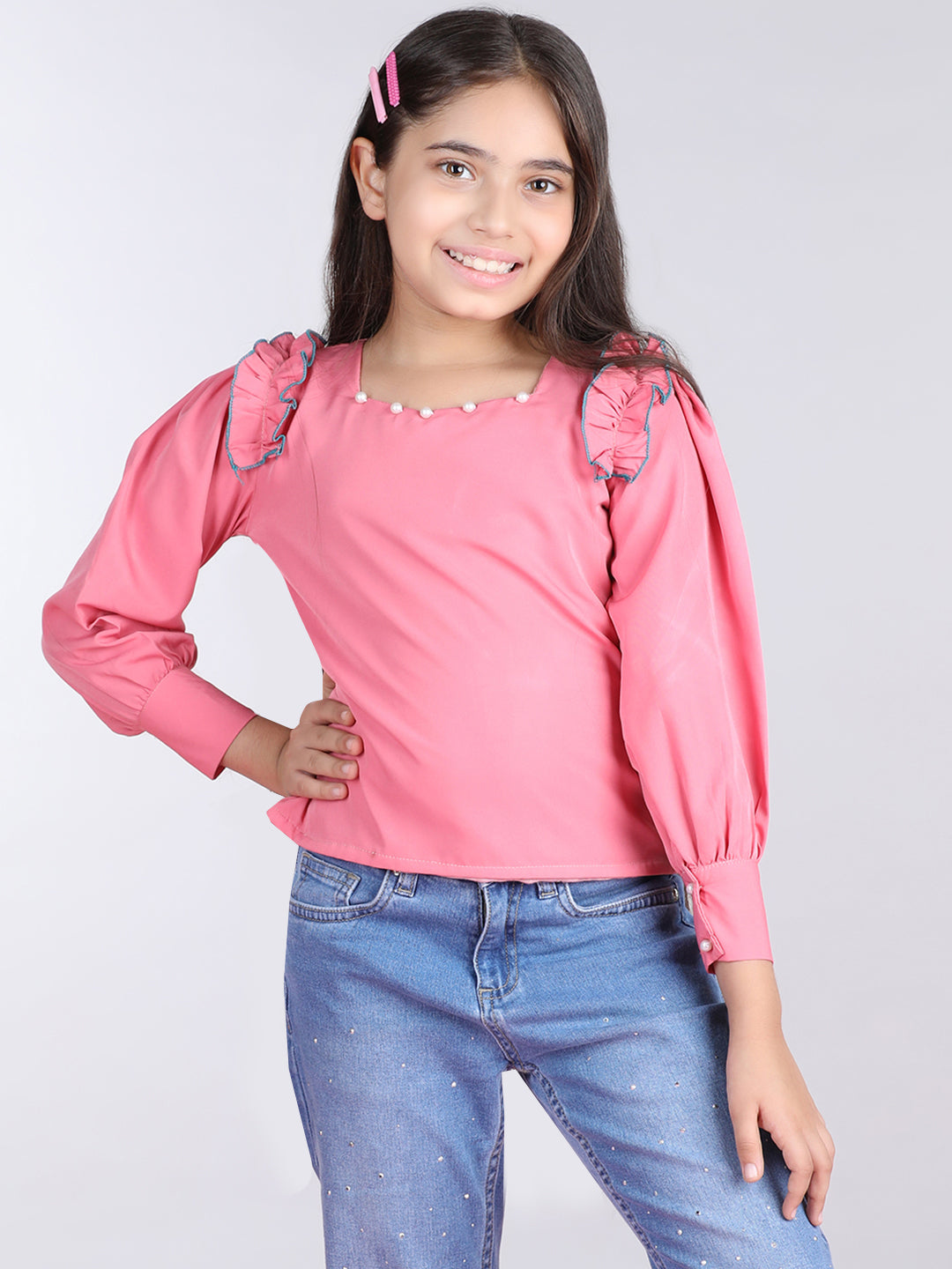 Cutiekins Solid Full Sleeves Polyester Tops-Peach & White