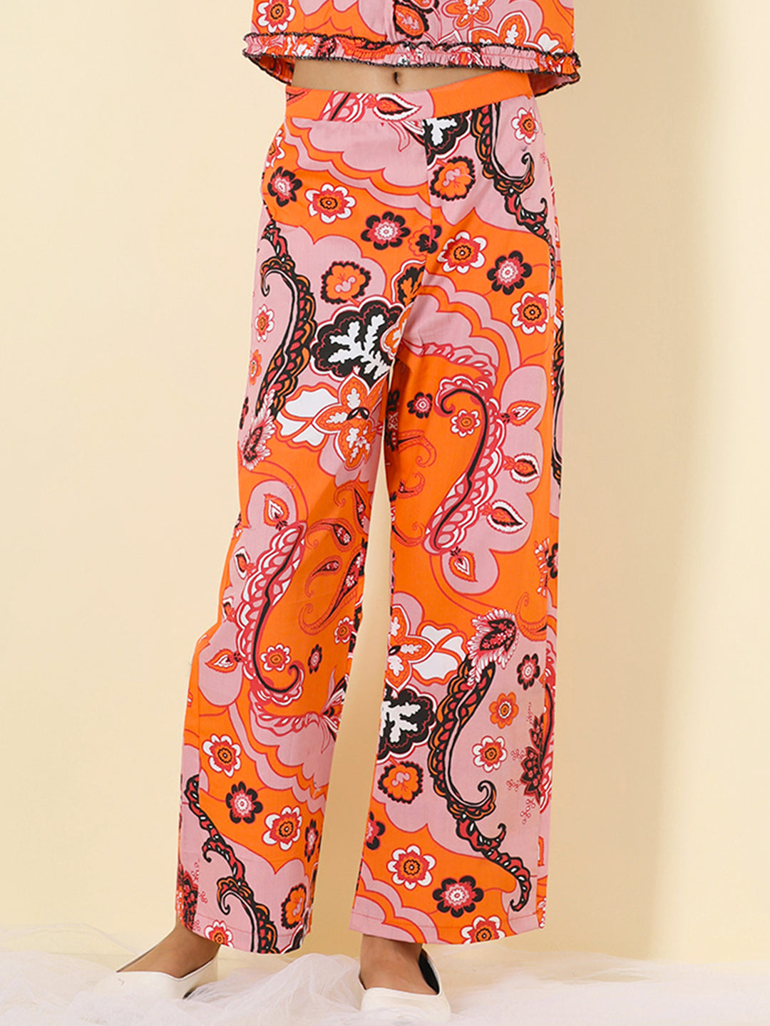 Cutiekins Girls Cotton Floral Print Palazzo -Orange & Pink