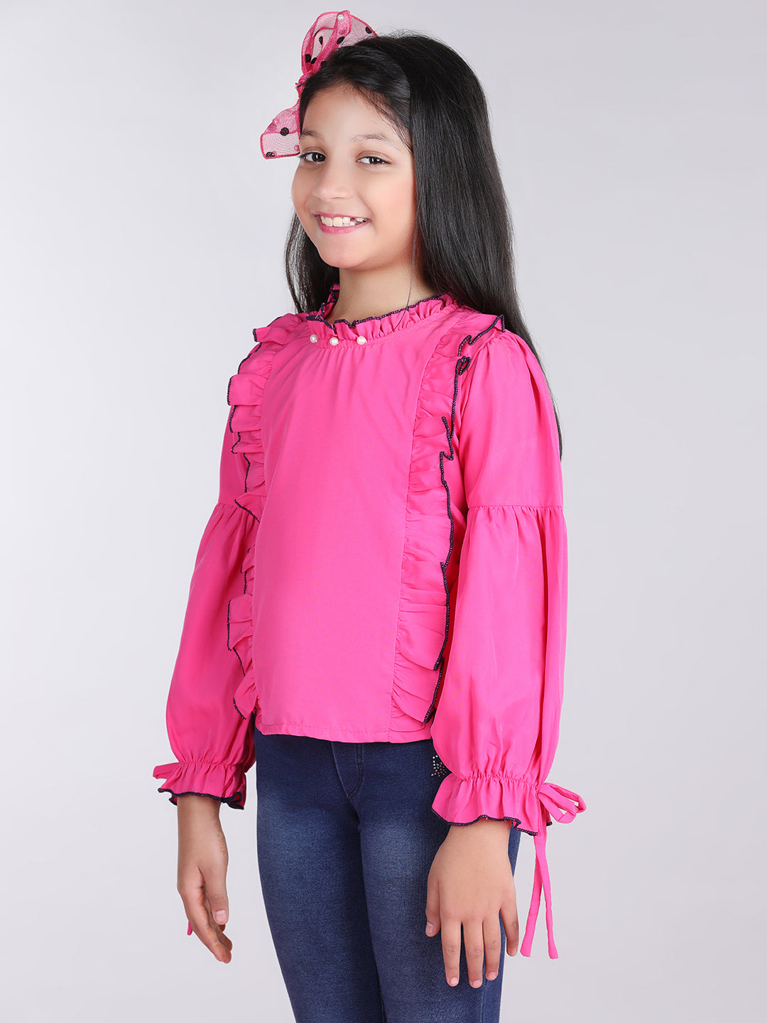 Cutiekins Solid Full Sleeves Polyester Tops-Pink & White