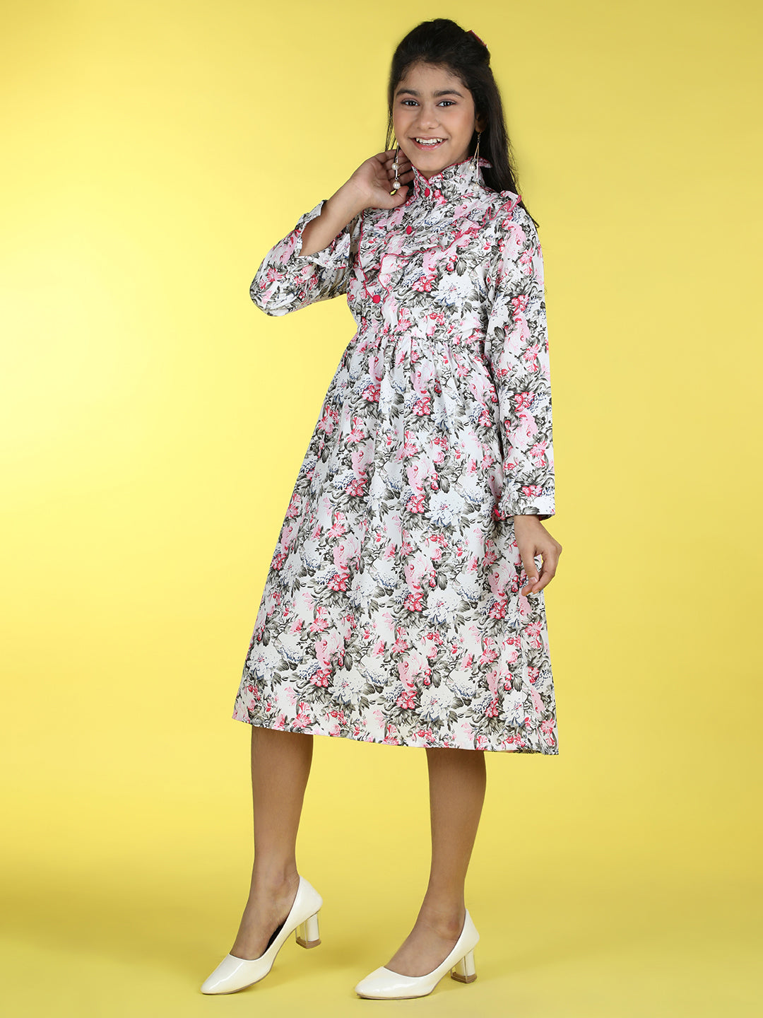 Cutiekins Mandarin Collar Printed Flared Dress-White & Pink