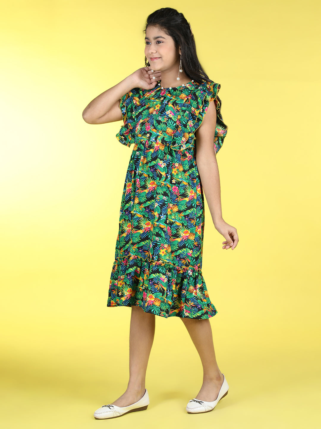 Cutiekins Round Neck Printed Flared Dress-Green & Yellow