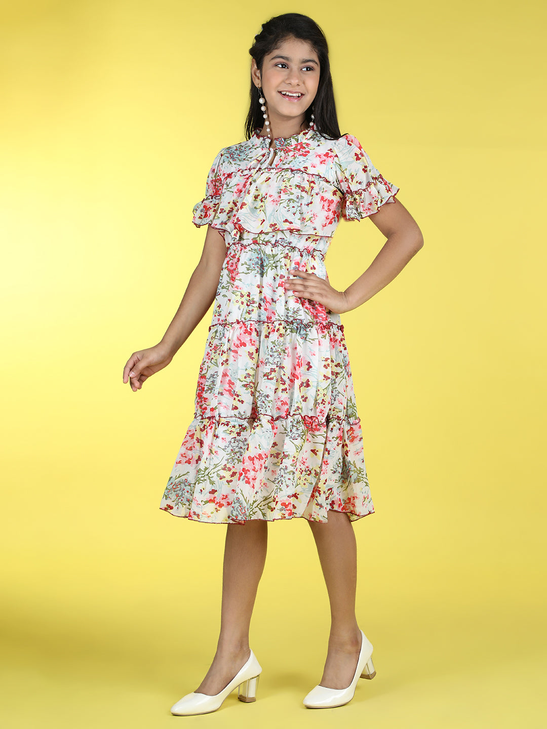 Cutiekins Mandarin Collar Printed Flared Dress-Off White & Pink