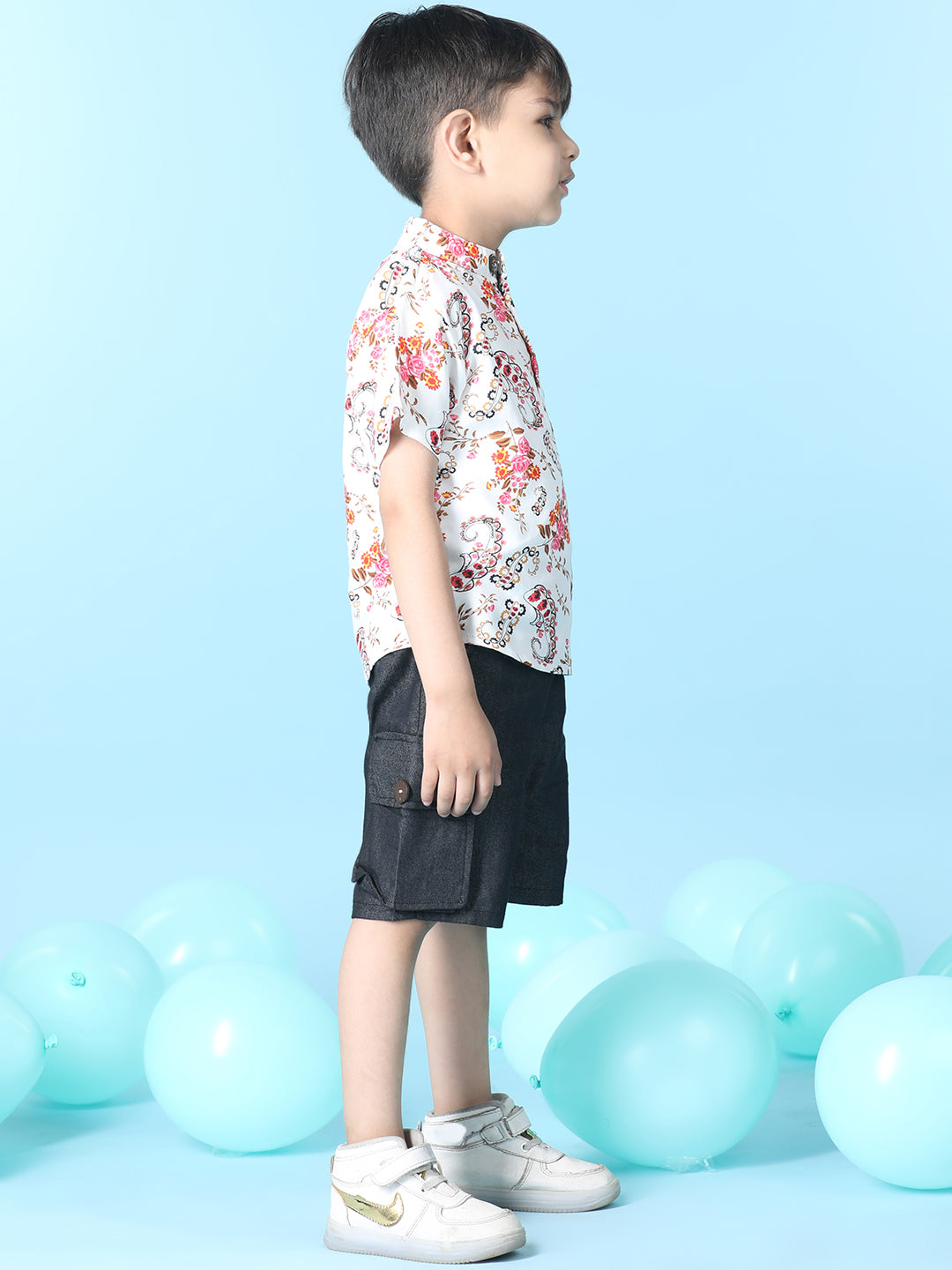 Cutiekins Boys Floral Print T-Shirt With Solid Denim Cargo Short -White & Black
