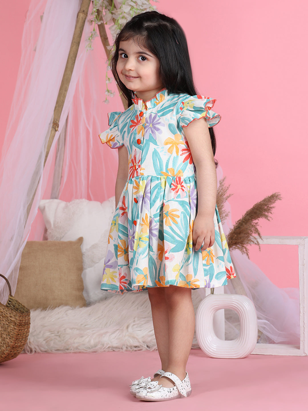 Cutiekins Mandarin Collar Printed Flared Dress-Sky Blue & White