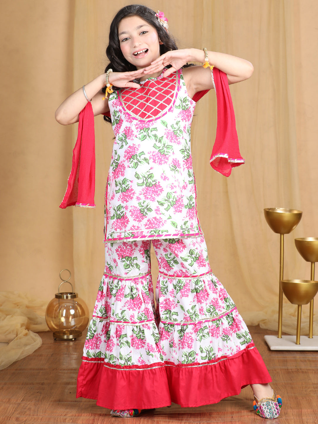Cutiekins Girls Floral Print Empire Kurta and Sharara with Dupatta -White & Onion Pink