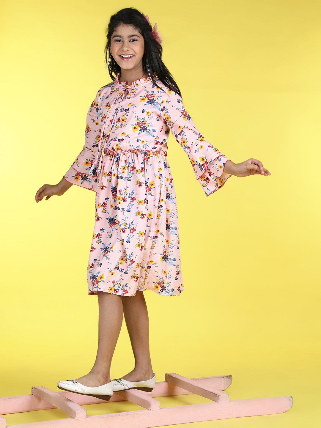 Cutiekins Mandarin Collar Printed Flared Dress-Peach & Grey