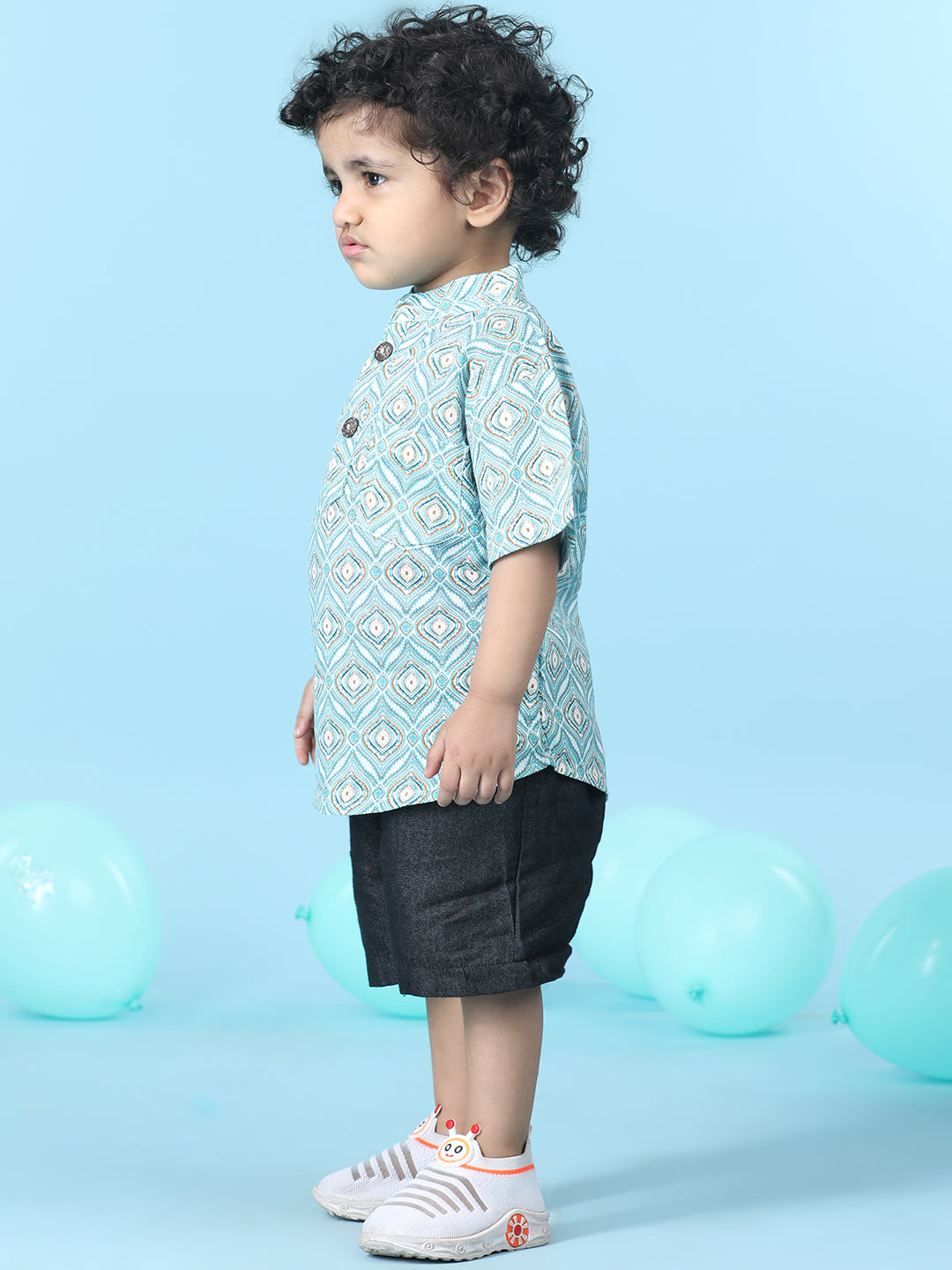 Cutiekins Boys Printed T-Shirt With Solid Denim Short -Turquoise Blue & Black
