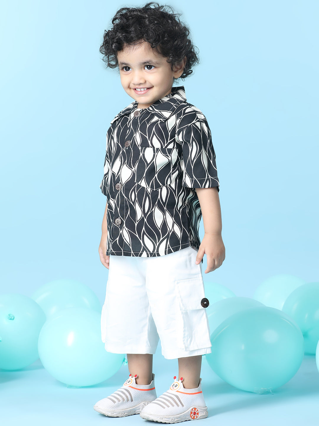 Cutiekins Boys Abstract Print Shirt With Solid Lycra Cargo Short -Black & Off White