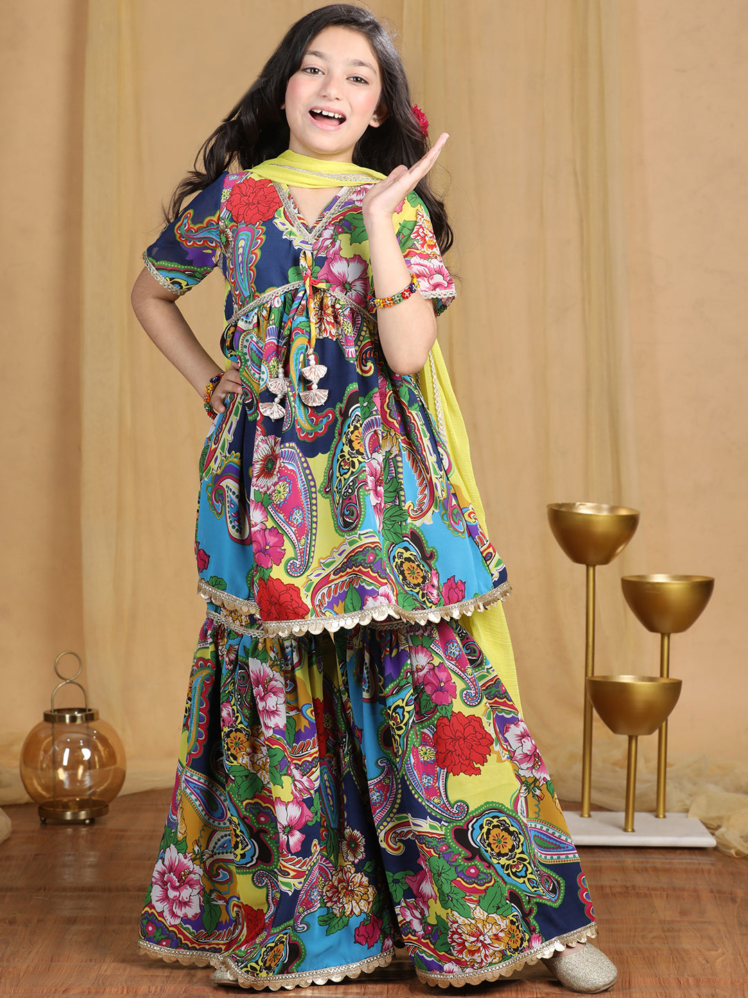 Cutiekins Girls Paisley Print Embroidered Kurta and Sharara with Dupatta -Navy Blue & Multi