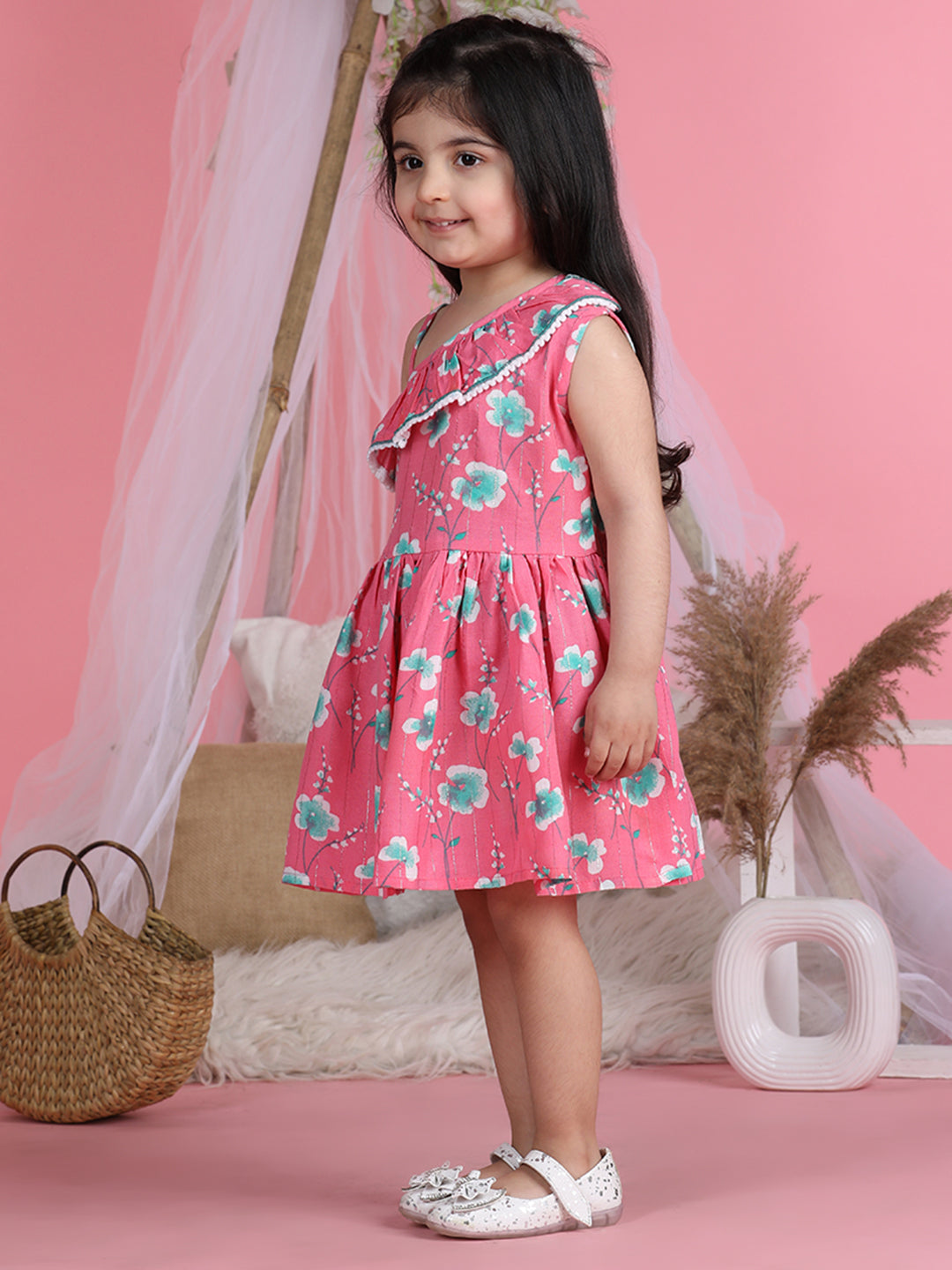 Cutiekins One Shoulder Printed Flared Dress-Pink & White