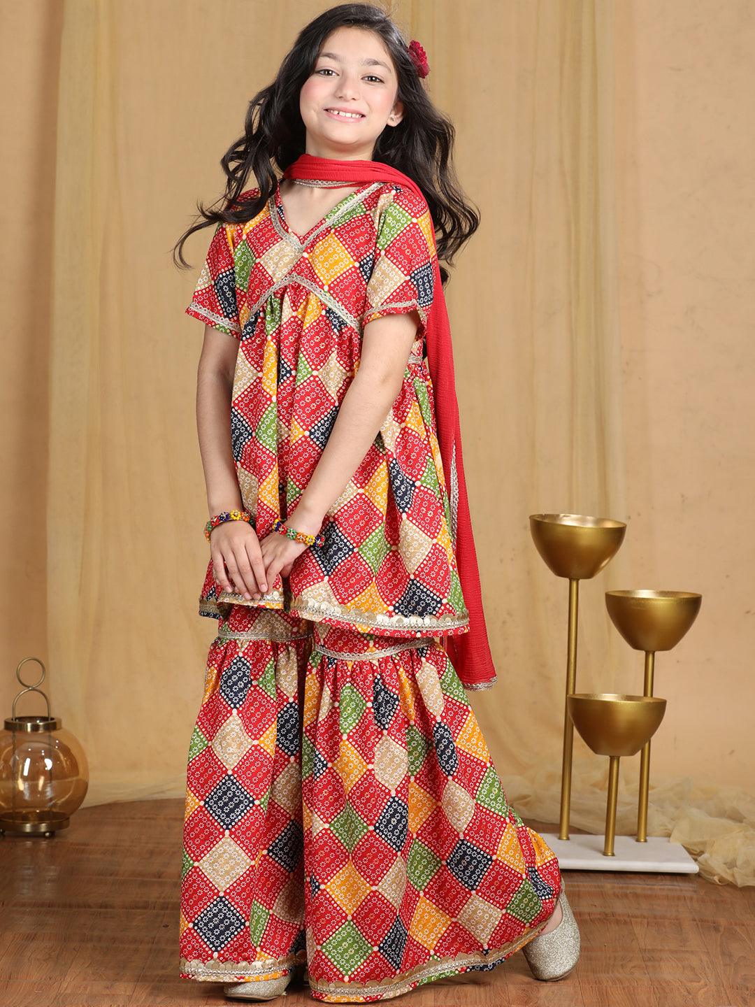 Cutiekins Girls Bandhani Print Empire Kurta and Sharara with Dupatta -Red & Multi