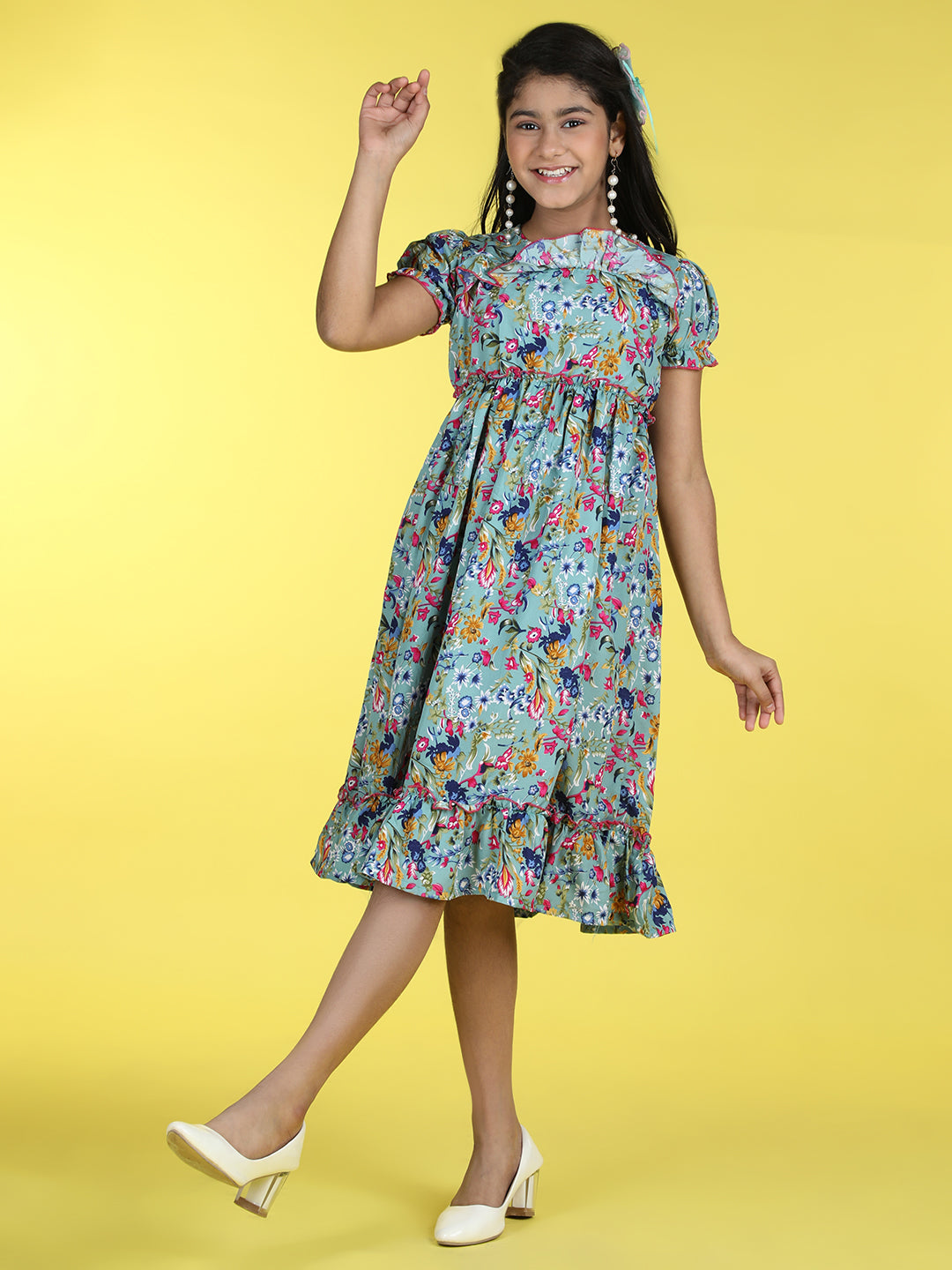 Cutiekins Round Neck Printed Flared Dress-Sea Green & Pink