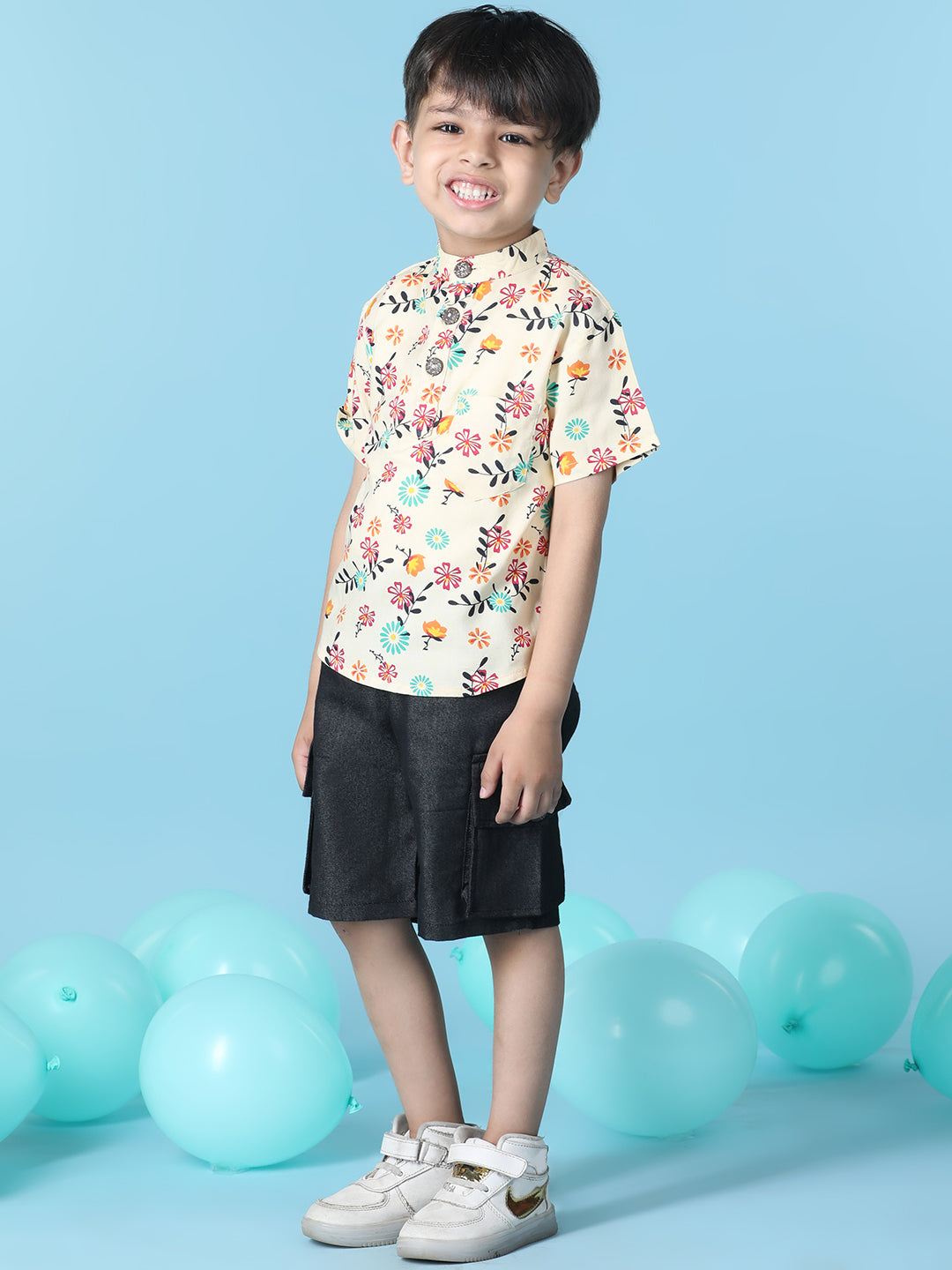 Cutiekins Boys Floral Print T-Shirt With Solid Denim Cargo Short -White & Black
