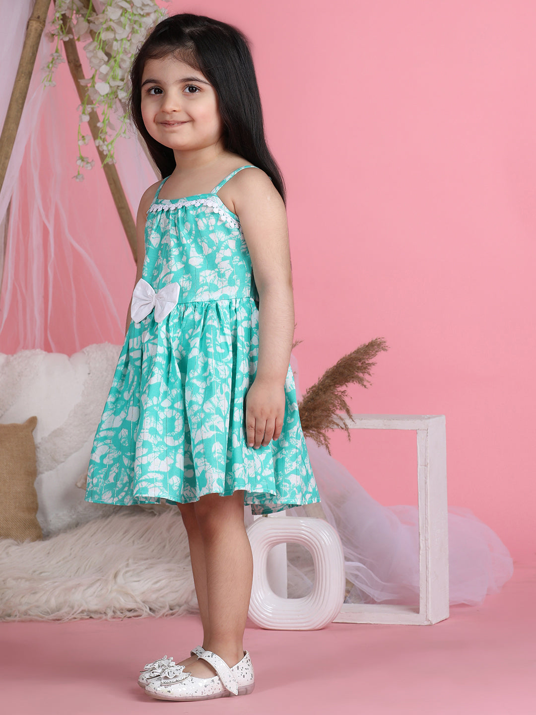 Cutiekins Shoulder Straps Printed Flared Dress-Green & White