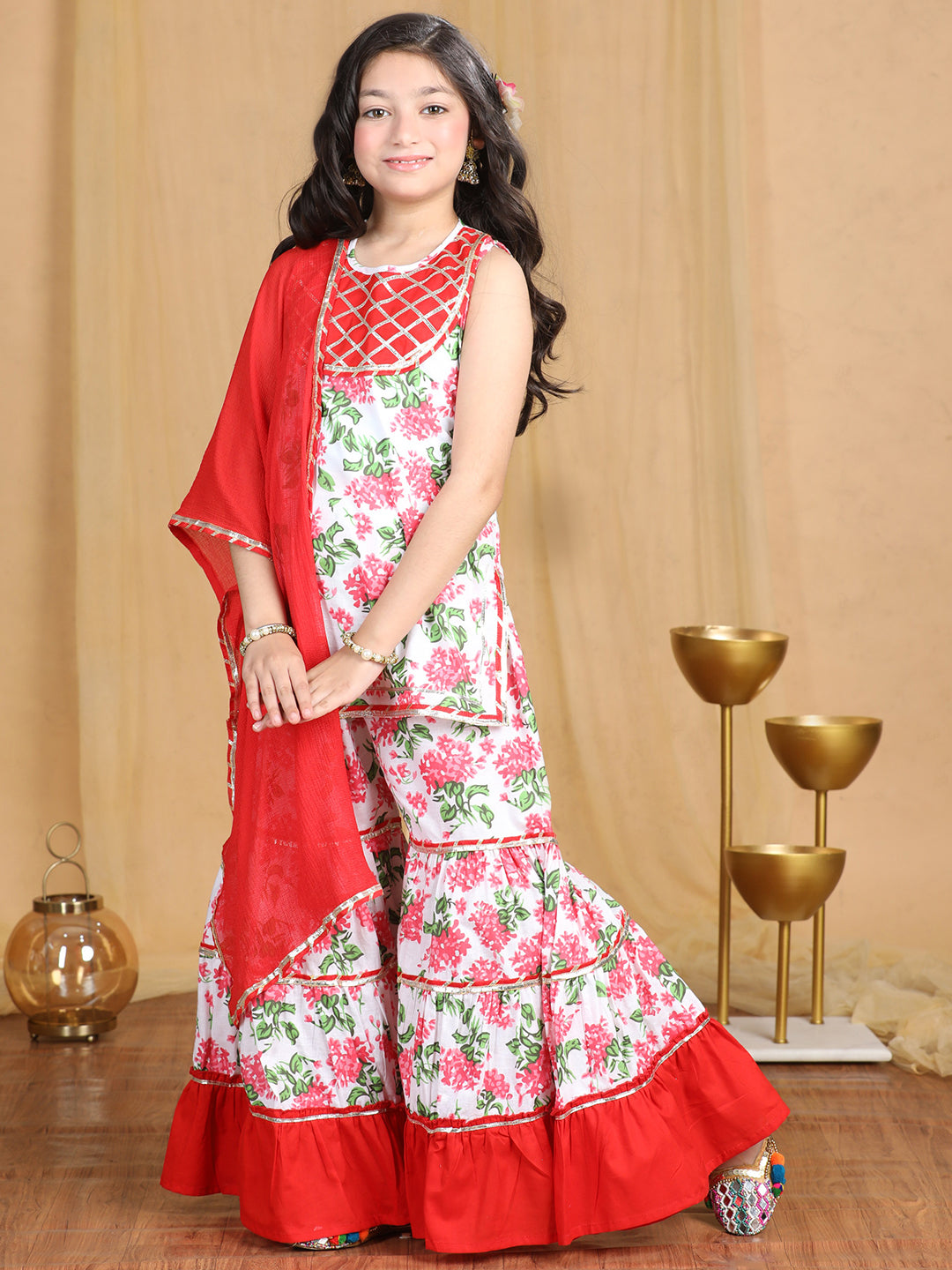 Cutiekins Girls Floral Print Empire Kurta and Sharara with Dupatta -White & Red