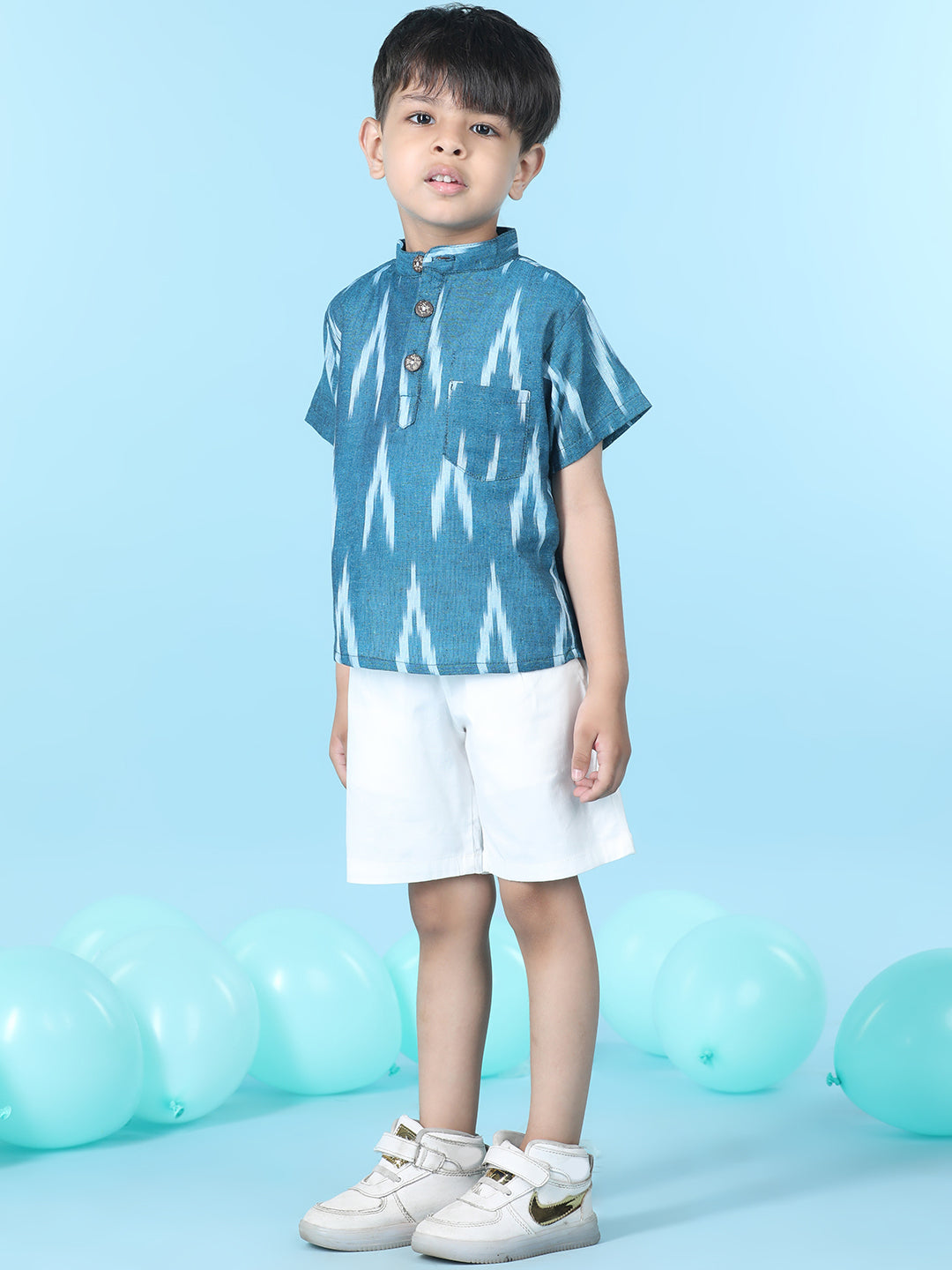 Cutiekins Boys Abstract Print T-Shirt With Solid Lycra Short -Ocean Blue & White