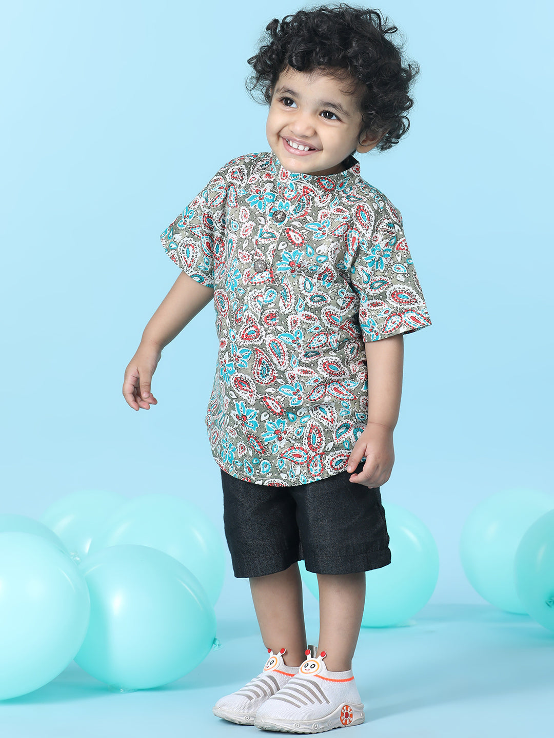 Cutiekins Boys Printed T-Shirt With Solid Denim Short -Multi & Black