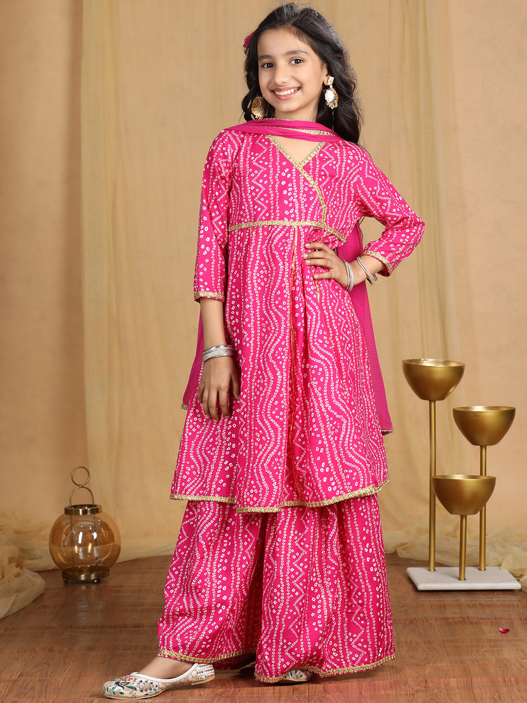Cutiekins Girls Bandhani Print Angrakha Kurta and Sharara with Dupatta -Magenta & Off White