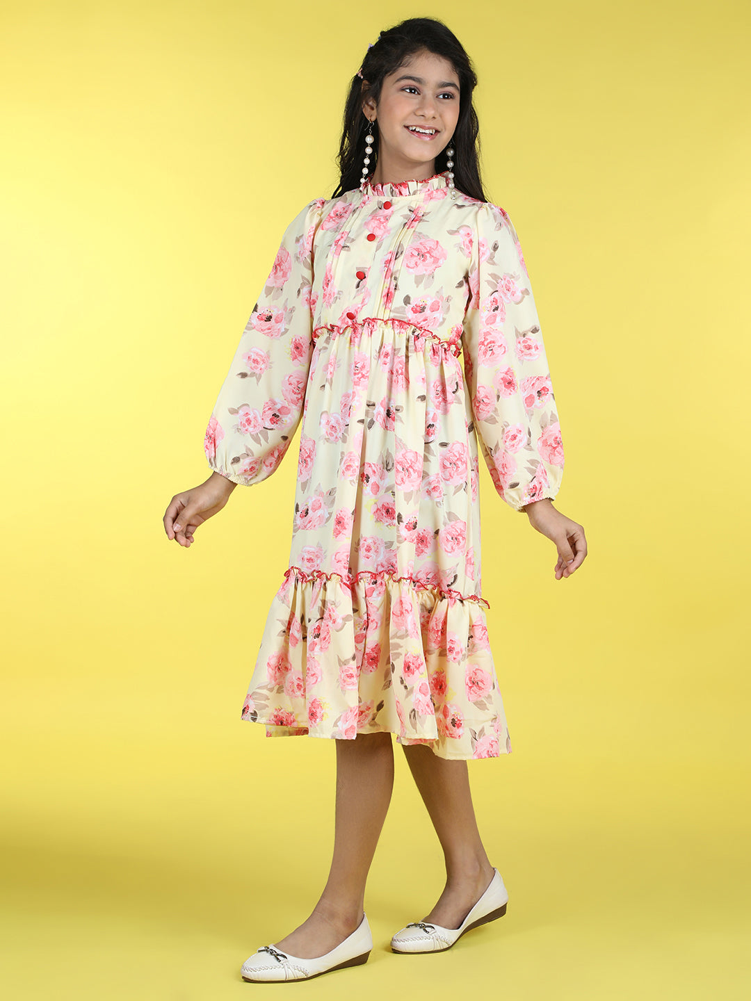 Cutiekins Mandarin Collar Printed Flared Dress-Yellow & Pink