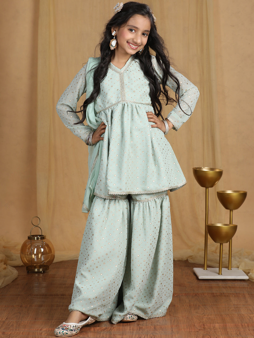 Cutiekins Girls Self Design Empire Kurta and Sharara with Dupatta -Pista Green & Gold