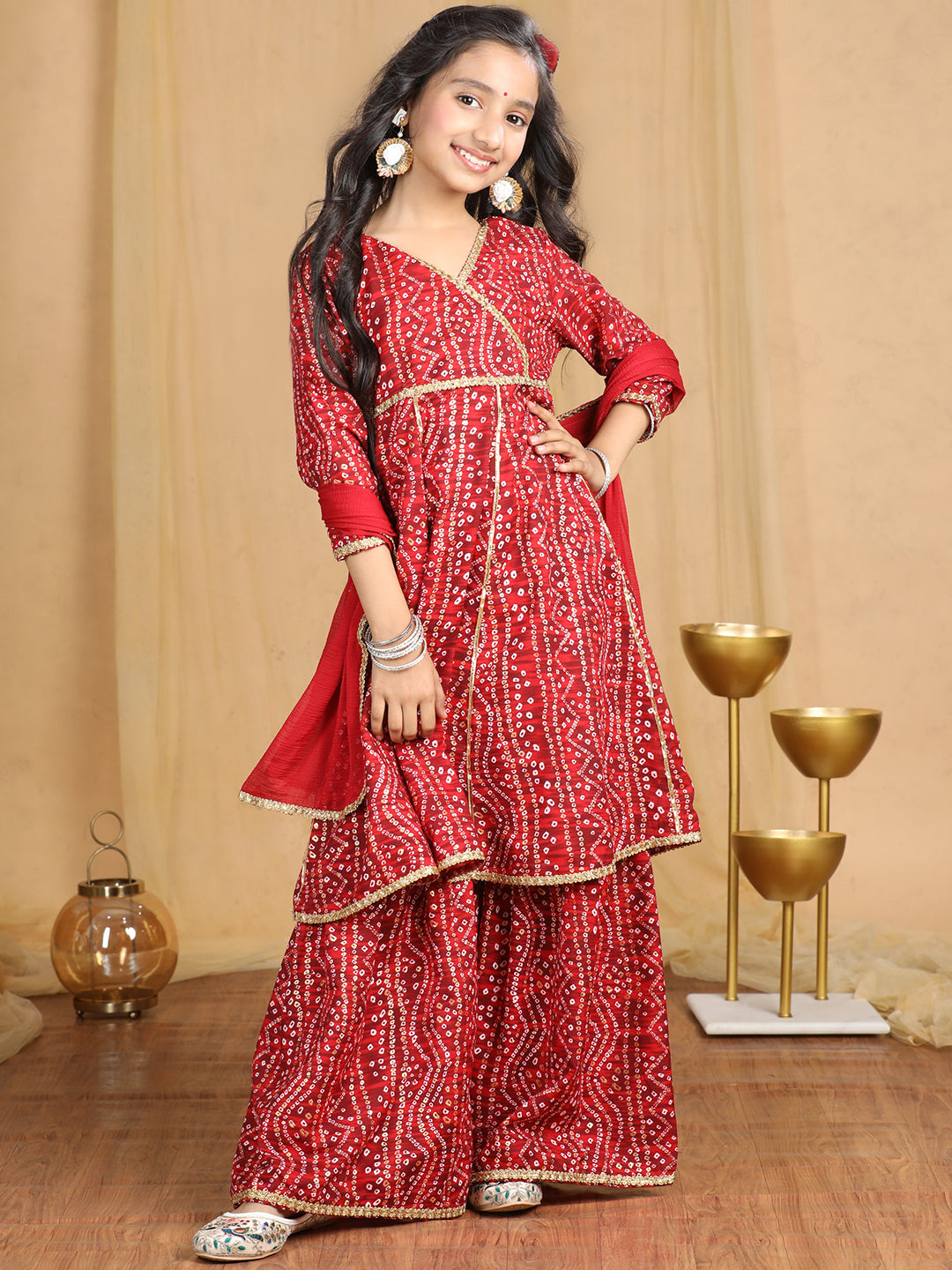 Cutiekins Girls Bandhani Print Angrakha Kurta and Sharara with Dupatta -Maroon & Off White