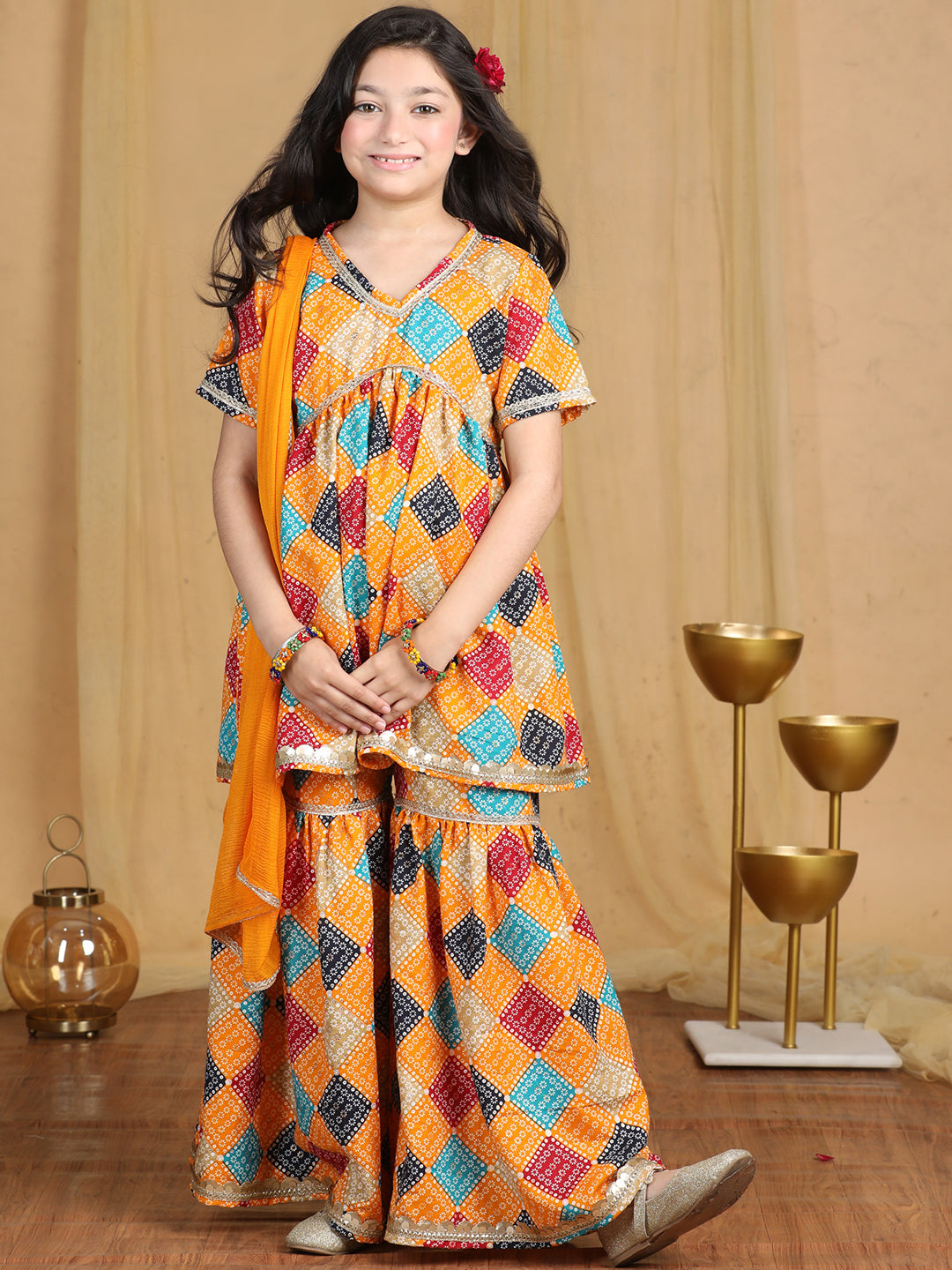 Cutiekins Girls Bandhani Print Empire Kurta and Sharara with Dupatta -Mustard & Multi
