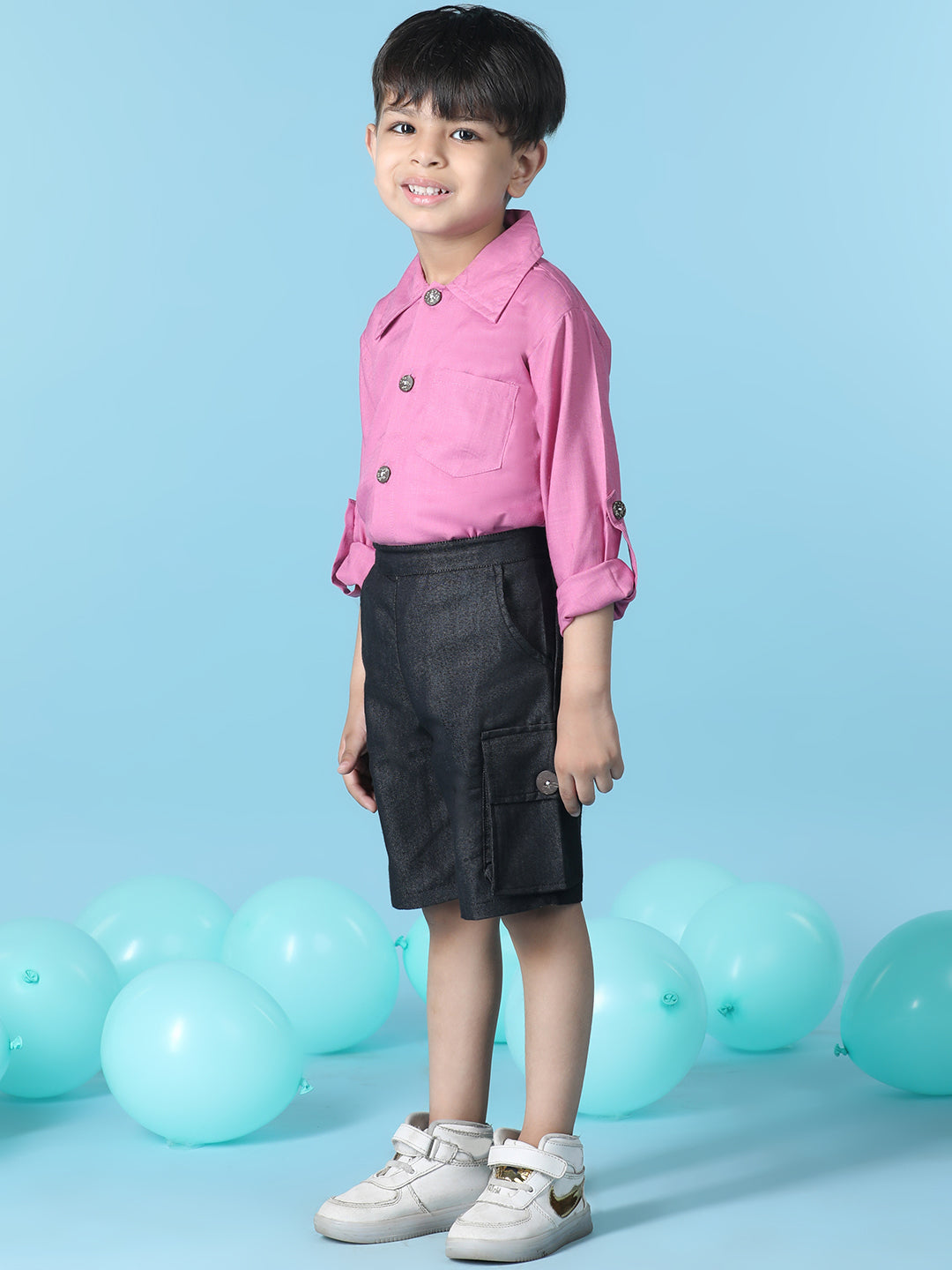 Cutiekins Boys Solid Shirt With Solid Denim Cargo Short -Neon Pink & Black