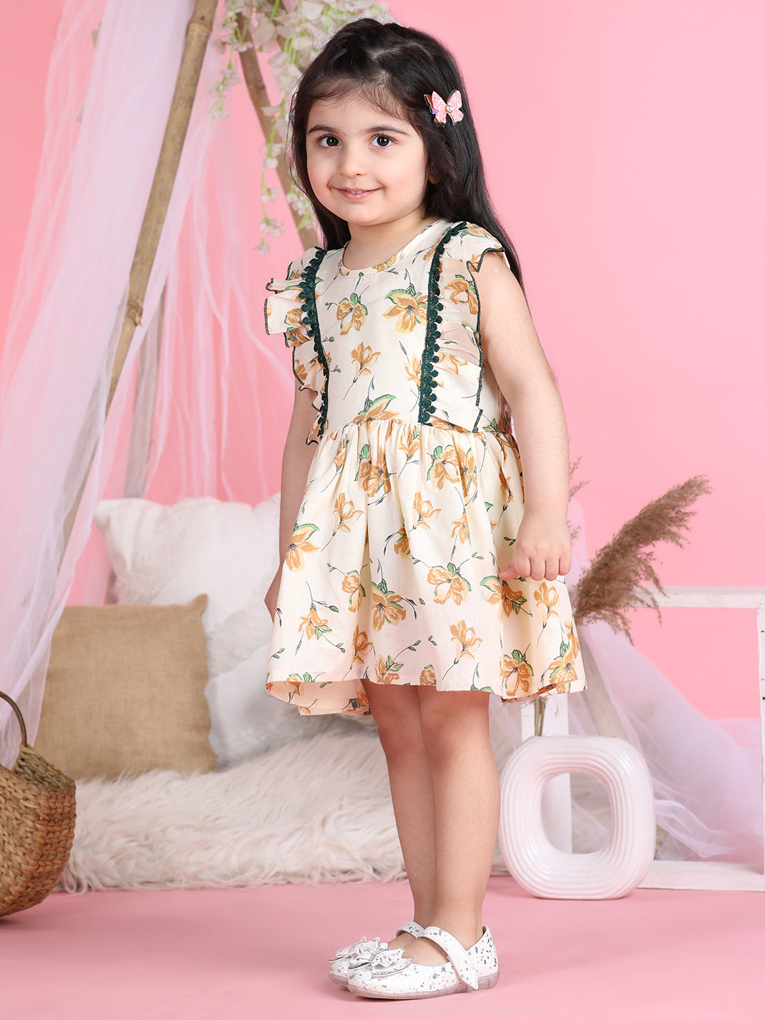 Cutiekins Round Neck Printed Flared Dress-Cream & Green