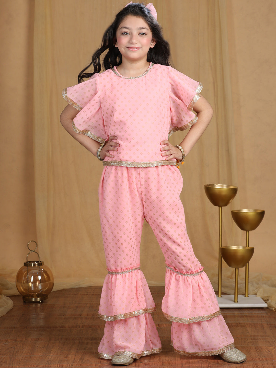 Cutiekins Girls Embroidered and Self Design A-line Kurta and Sharara -Pink & Gold