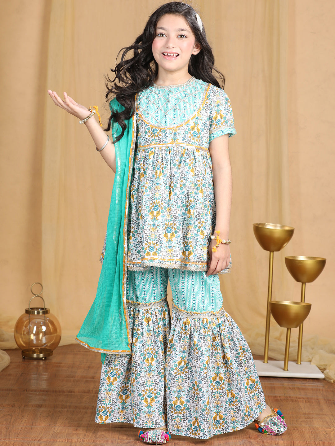 Cutiekins Girls Floral Print Sleeveless Kurta and Sharara with Dupatta -Off White & Green