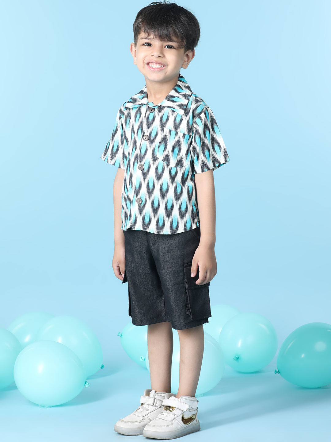 Cutiekins Boys Abstract Print Shirt With Solid Denim Cargo Short -Off White & Black