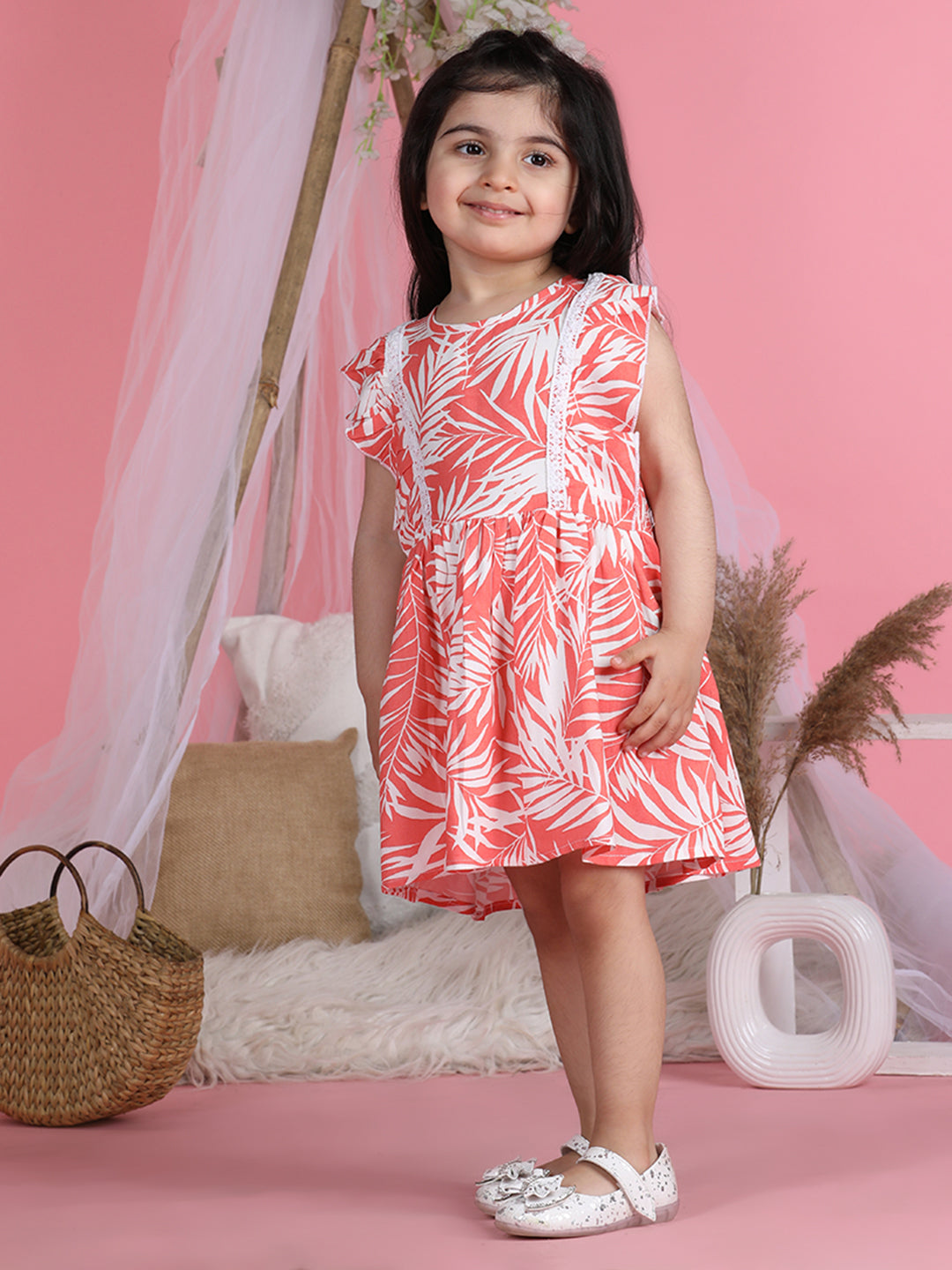 Cutiekins Round Neck Printed Flared Dress-Peach & White