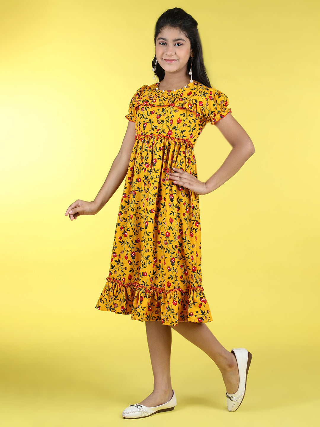 Cutiekins Round Neck Printed Flared Dress-Mustard & Red