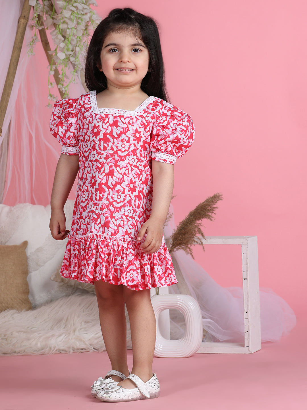 Cutiekins Square Neck Printed Flared Dress-Pink & White