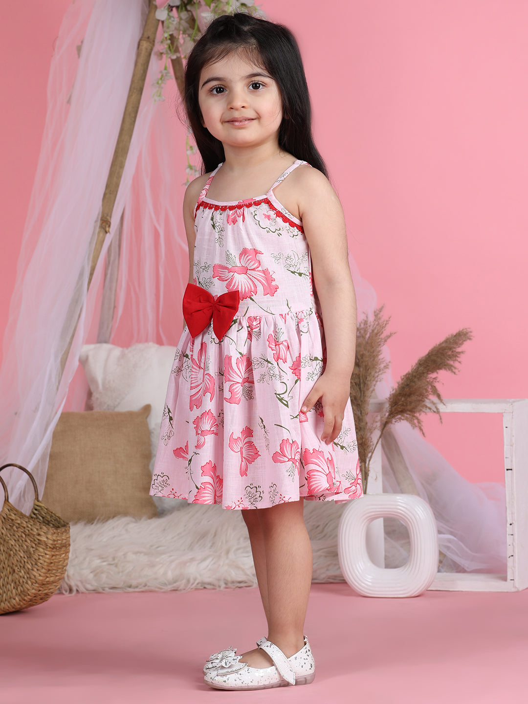 Cutiekins Shoulder Straps Printed Flared Dress-Light Pink & Red