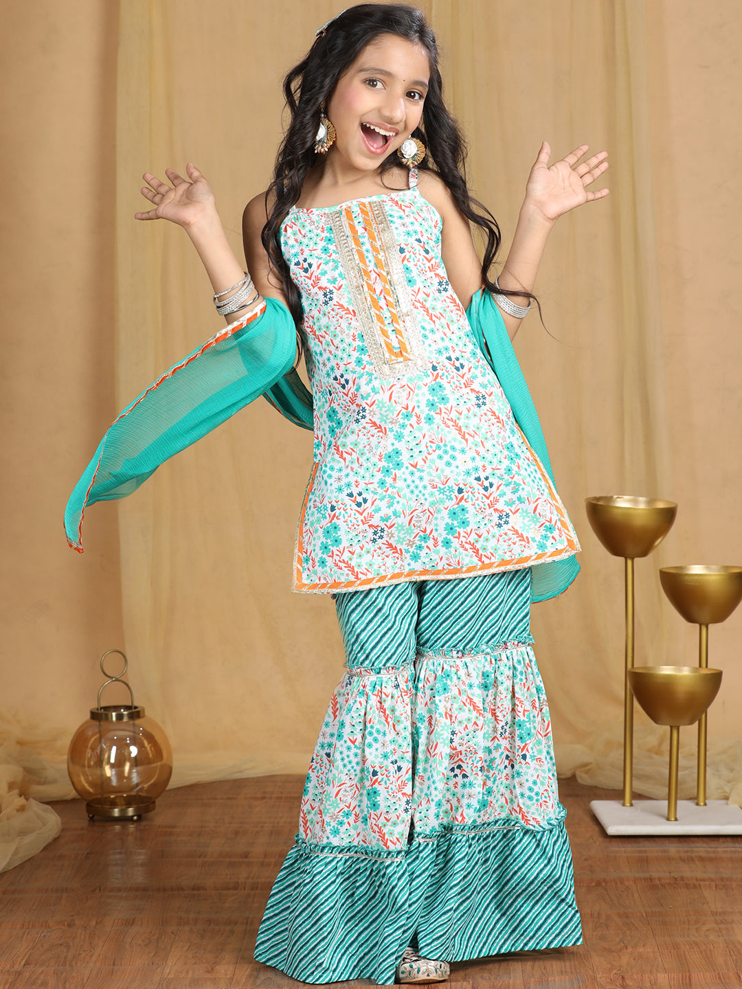 Cutiekins Girls floral Print Empire Kurta and Sharara with Dupatta -Off White & Rama Green
