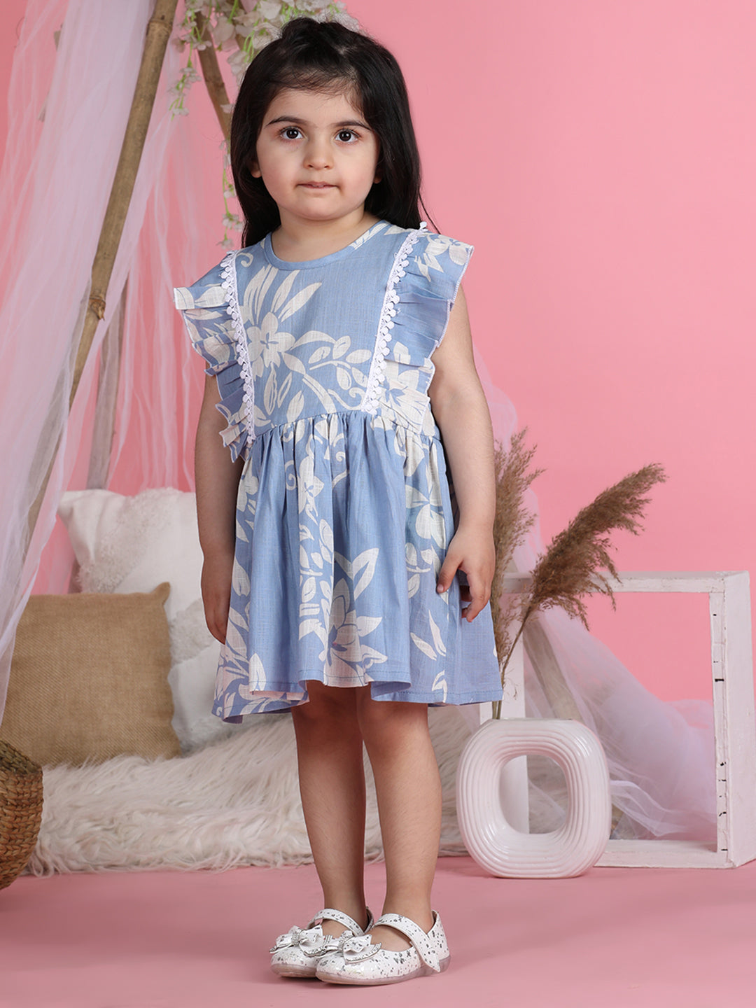 Cutiekins Round Neck Printed Flared Dress-Grey & White